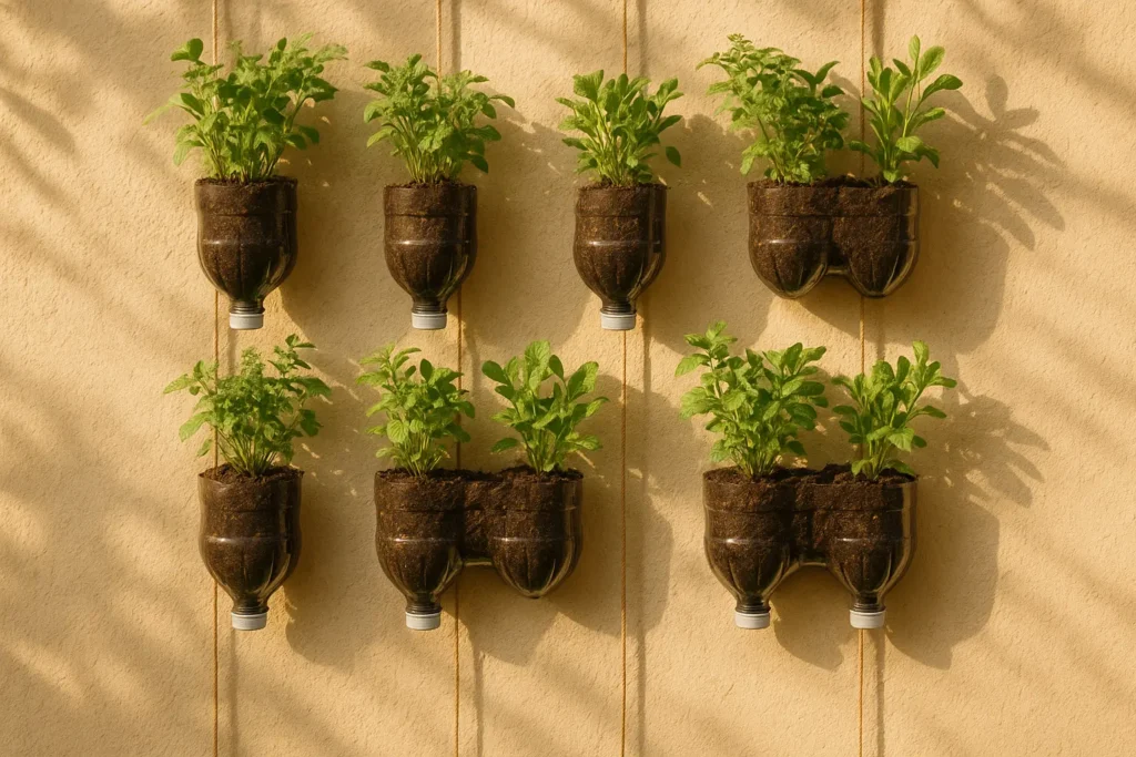 Huerto vertical de botellas recicladas colgado en una pared