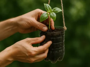 Primer plano de manos plantando albahaca en botella colgante