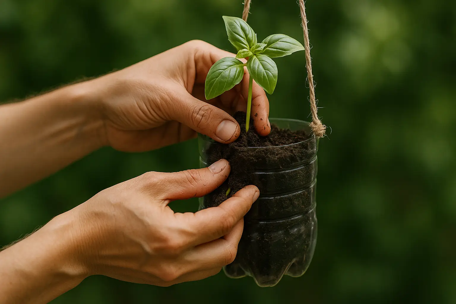 Primer plano de manos plantando albahaca en botella colgante