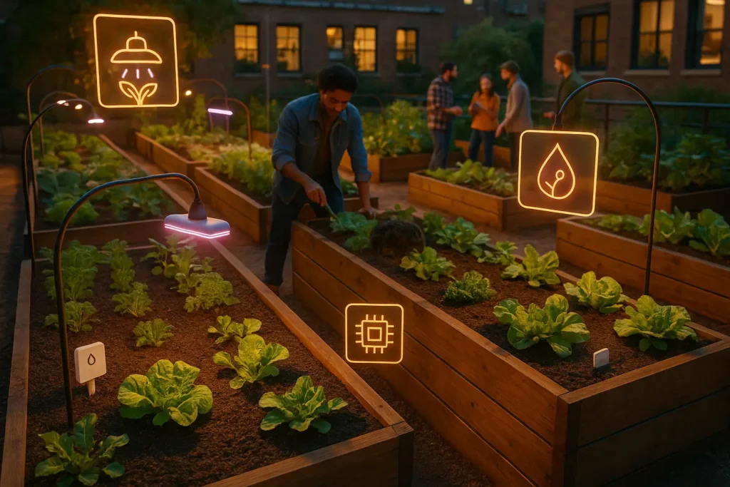huerta urbana con sensores y luces LED controladas por IA