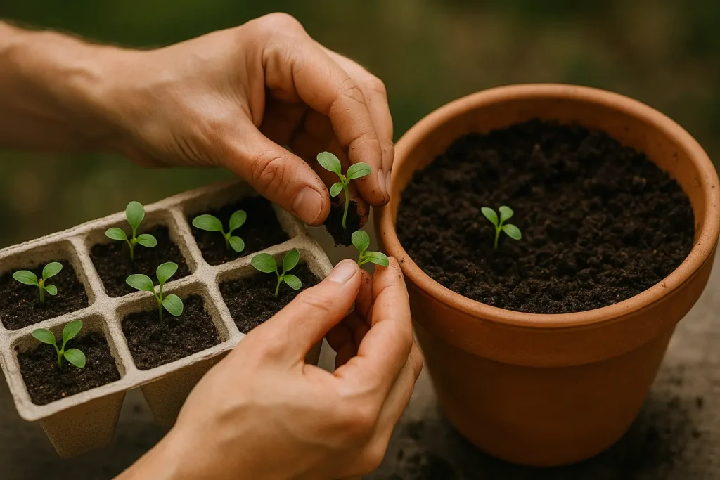 trasplantando pequeñas plántulas